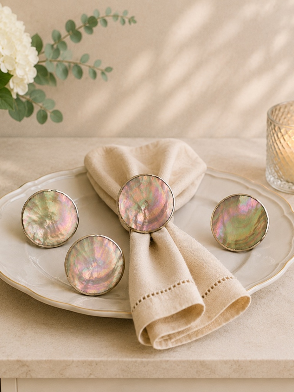 *New* Bombay Set of 4 Iridescent Shell Napkin Rings